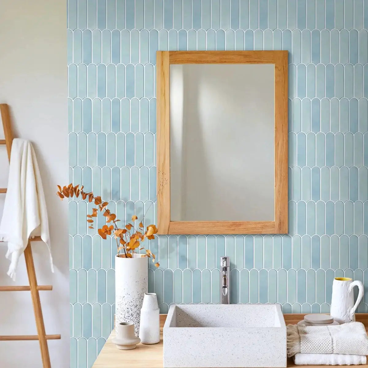 Simples Market peel-and-stick wall stickers; blue arched tile pattern for modern interiors.