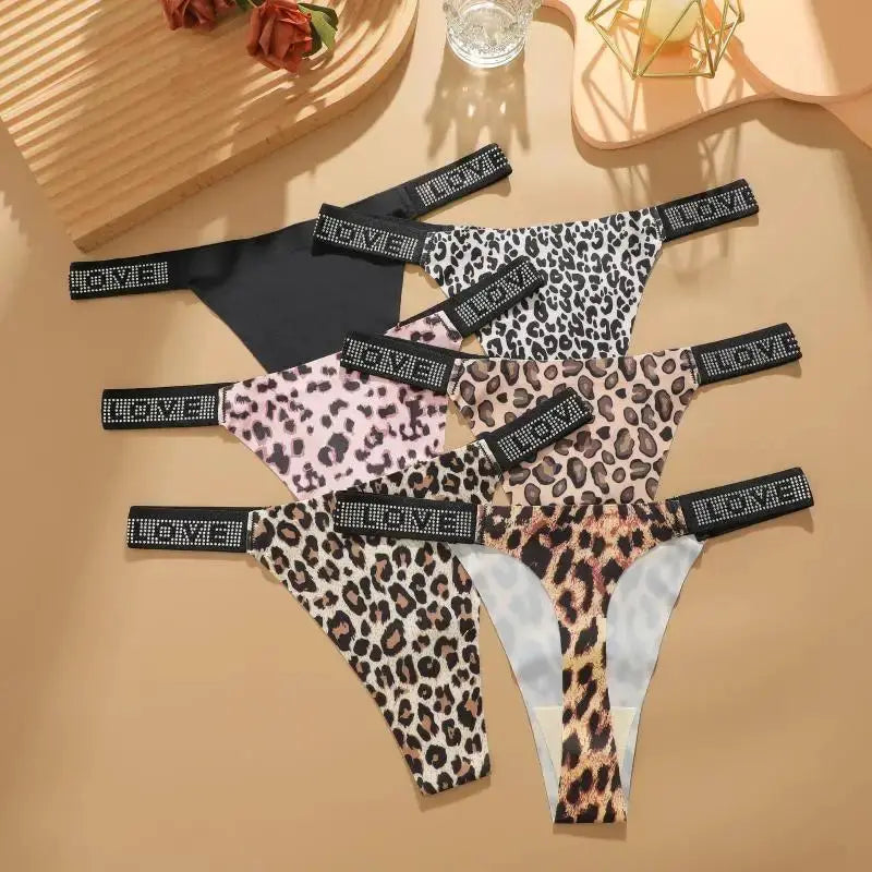 7-piece leopard print thong set for women with low-rise fit and crystal-studded black waistbands