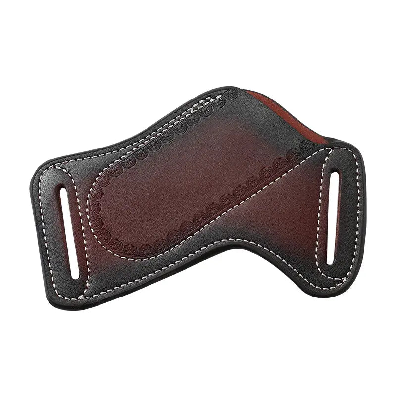 Leather belt holster for folding knife, vintage brown cowhide with white stitching and decorative edge