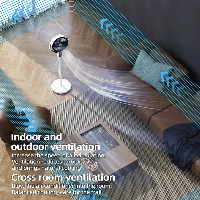 White floor-standing fan for indoor cooling in living room, pedestal design