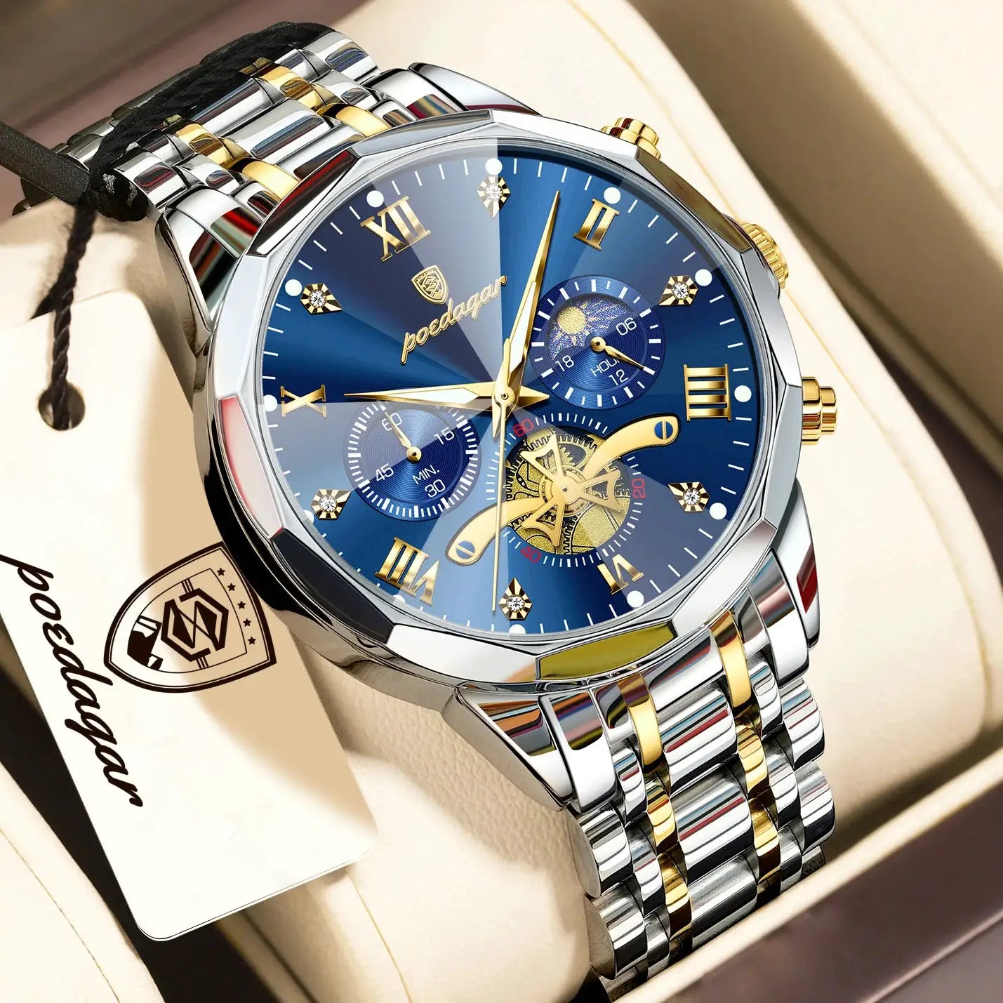 POEDAGAR Exquisite Business Mens Watch Waterproof Luminous Chronograph Luxury Stainless Steel Quartz Wristwatch