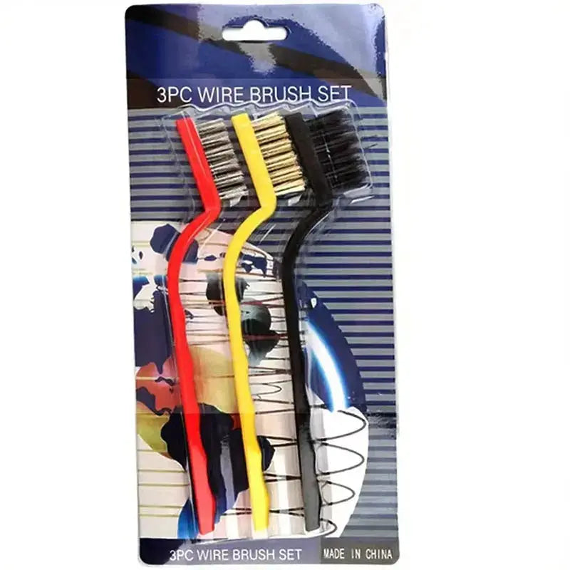 3-piece 7-inch stainless steel wire brush set with red, yellow, and black handles.