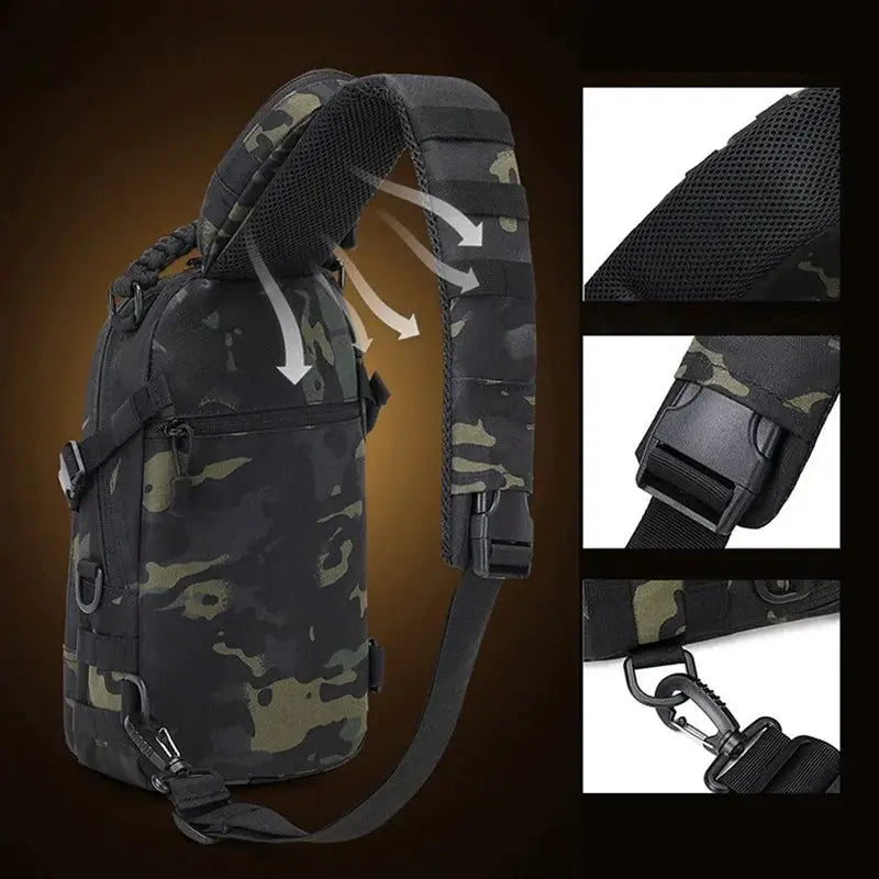 Tactical chest bag with camouflage pattern, MOLLE webbing, and adjustable shoulder strap.