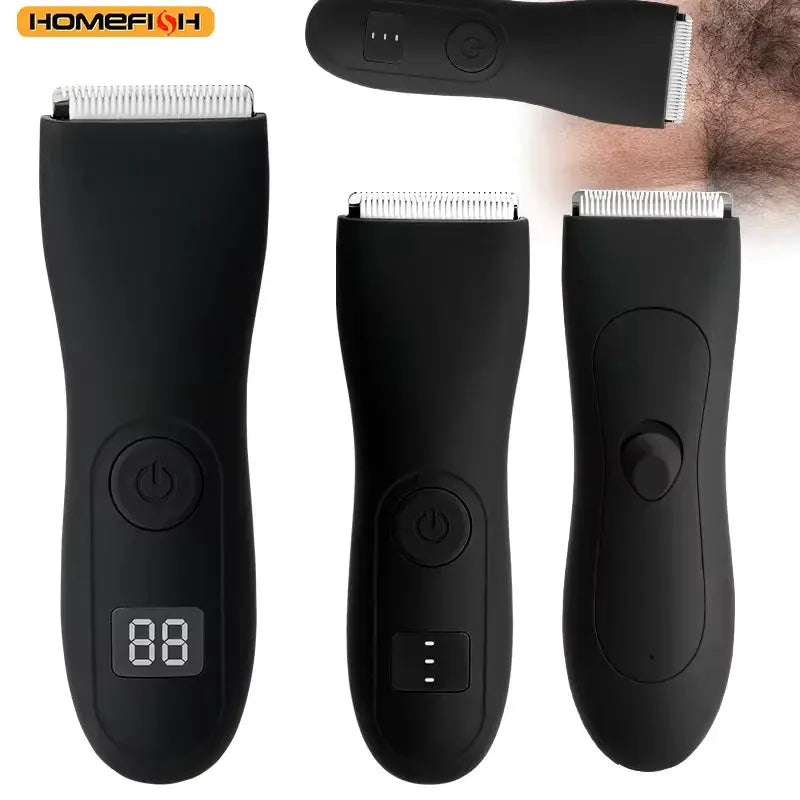 HOMEFISH body hair trimmer set with three black cordless clippers, digital display, and charging indicators