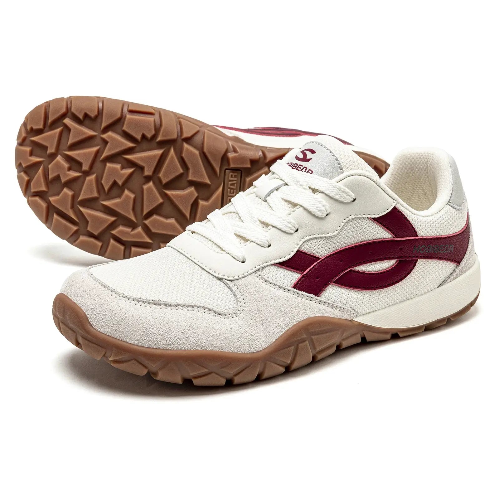 HOBIBEAR unisex wide-width barefoot sneakers with white mesh upper and burgundy overlays, gum sole