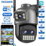 BESDER outdoor security camera with O-Kam Pro label, dual-lens PTZ, 15MP WiFi, 10x zoom, waterproof