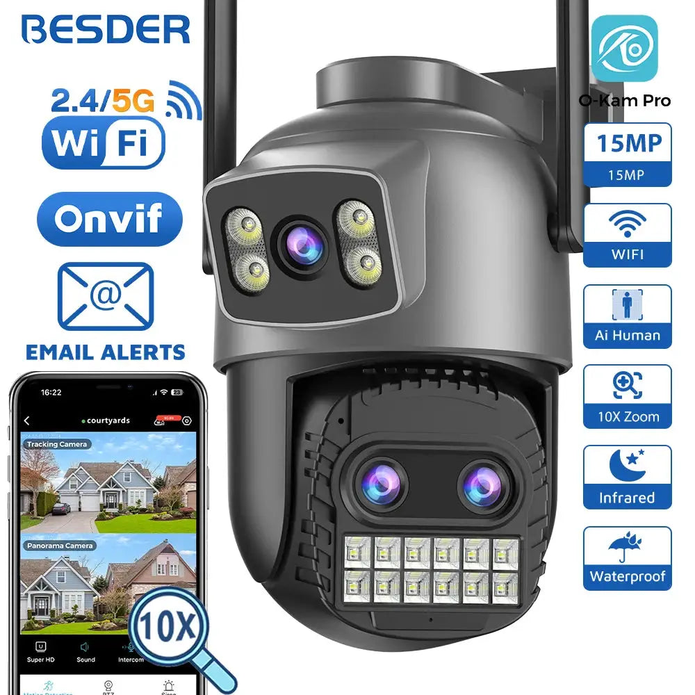 BESDER outdoor security camera with O-Kam Pro label, dual-lens PTZ, 15MP WiFi, 10x zoom, waterproof
