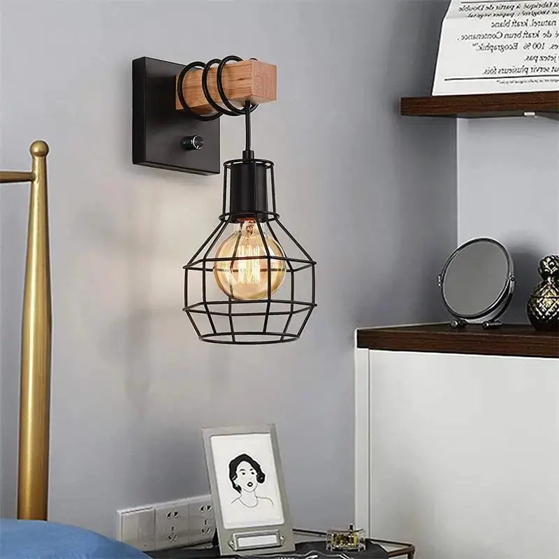 China Wall Sconce with black metal cage, wooden base bracket, exposed bulb, Simples Market WL0334