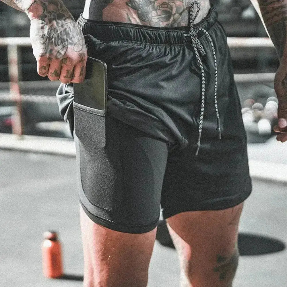 Y2K performance shorts, black men's gym shorts with drawstring waist and side phone pocket