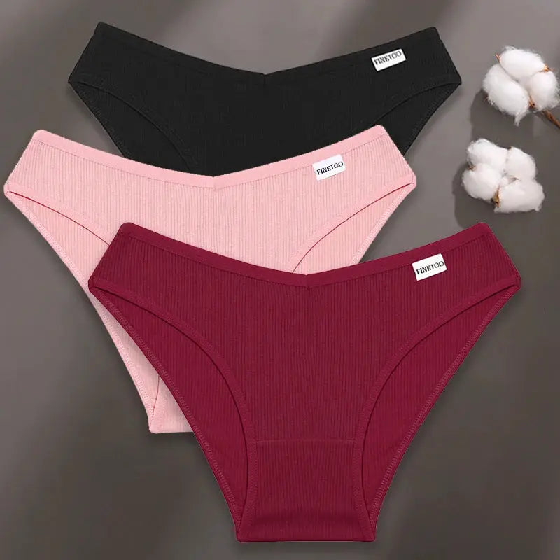 FINETOO 3-pack cotton women's panties in black, pink and burgundy; ribbed briefs with white label