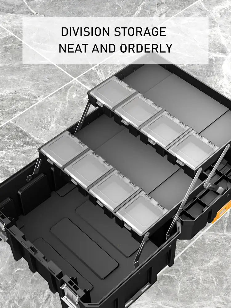 AIRAJ stackable modular toolbox with wheels; black case with six clear-lidded storage bins from Simples Market
