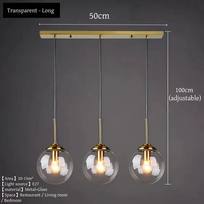 Three-light pendant chandelier with gold metal bar and clear glass globes, LED lighting, Simples Market