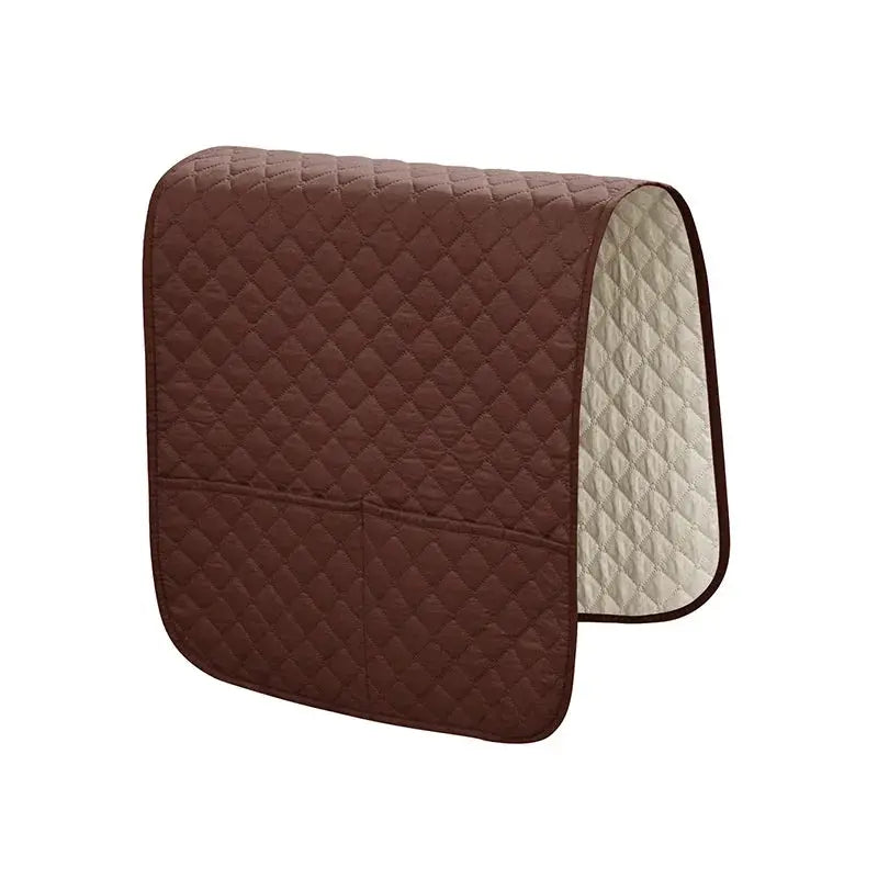 1pc sofa armrest slipcover with pockets, brown quilted exterior and beige lining, water-repellent.