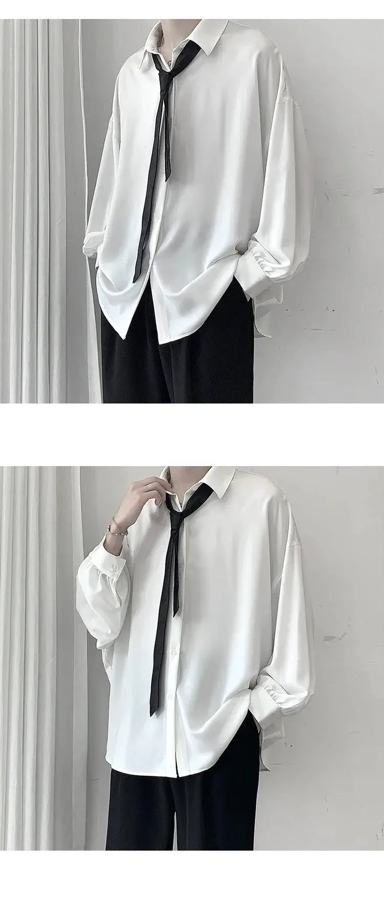 Men's white oversized long-sleeve shirt with black tie from Simples Market