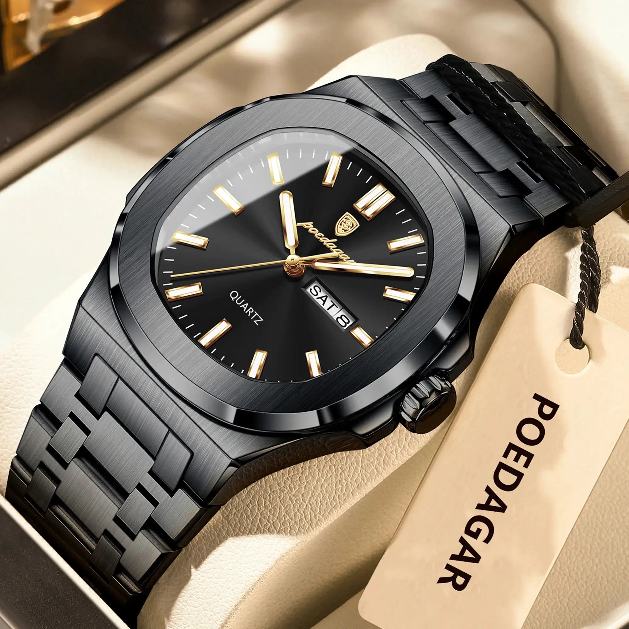 POEDAGAR luxury square men's watch with black stainless steel bracelet, gold-tone hands and date display