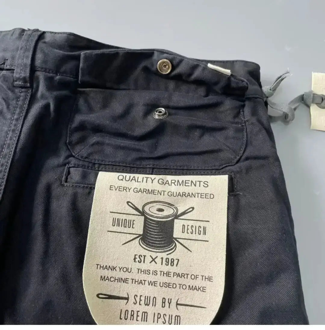 Simples Market American Style pure cotton heavy-duty cargo pants for men, dark navy, loose straight-leg with multiple pockets