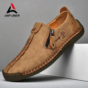 Handmade leather men's slip-on loafers in tan suede with side zipper, ABFUBER logo visible