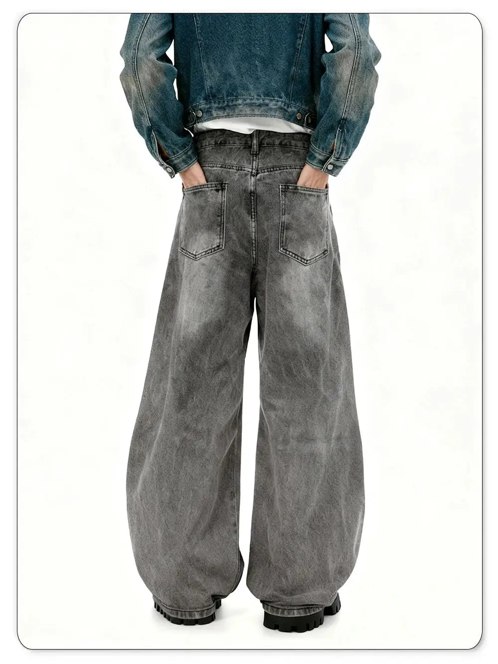 Simples Market men's retro baggy wide-leg acid-washed gray denim jeans, back view with rear pockets