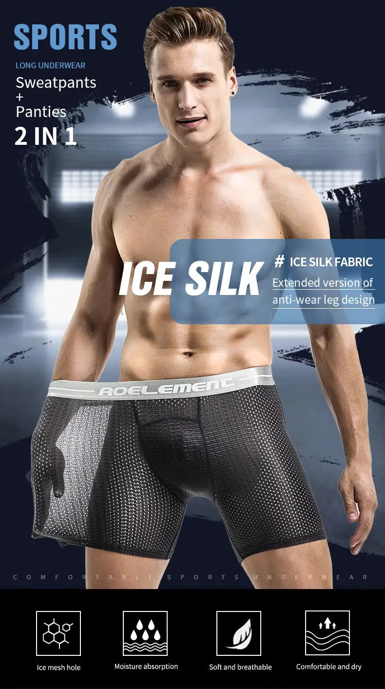 Men's ice-silk boxer shorts, black mesh pattern, extended anti-wear legs, large size