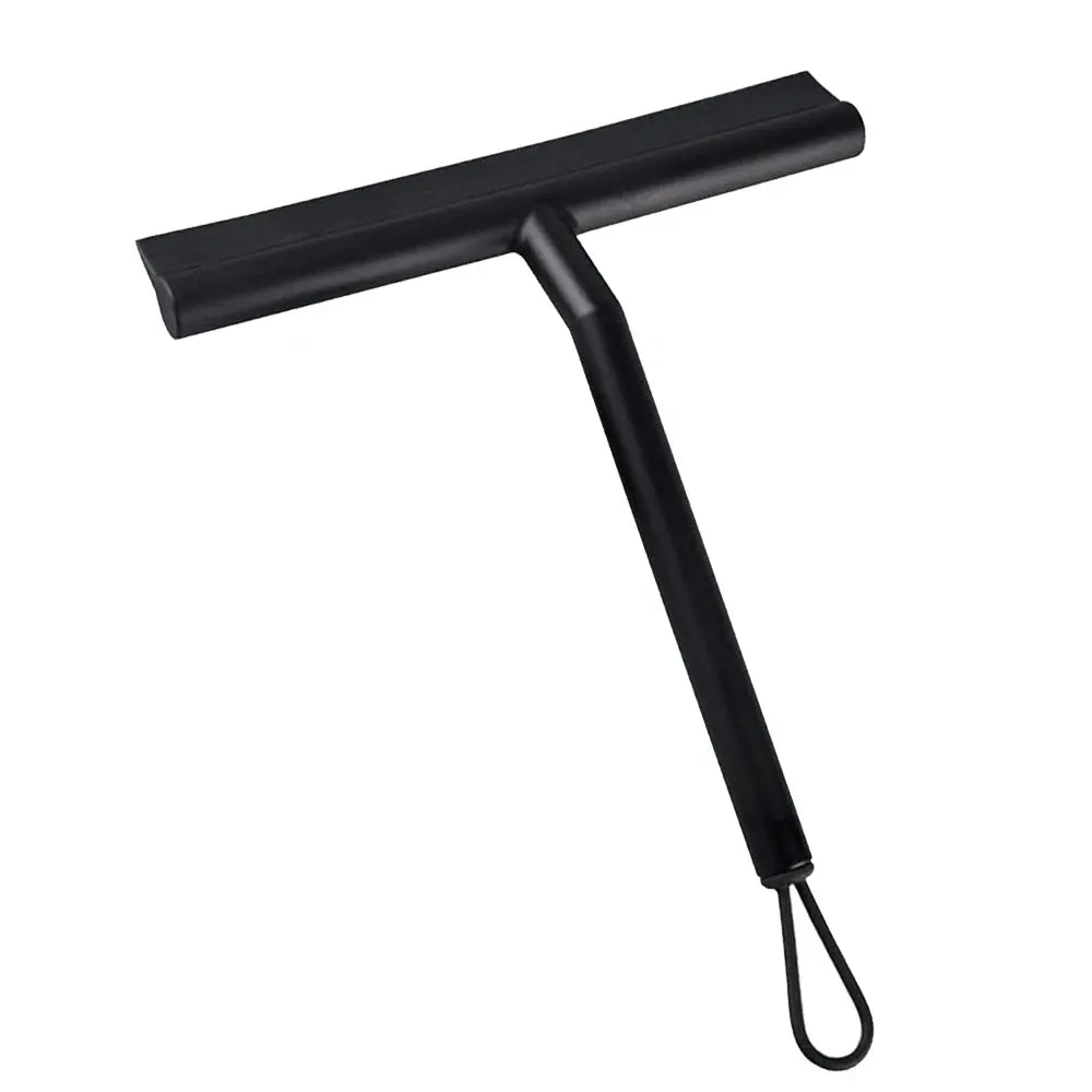 Shower squeegee for glass doors, black with angled handle and loop strap