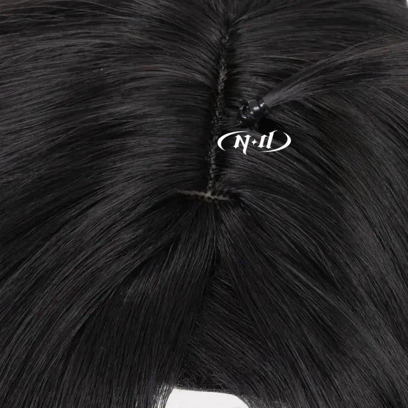 ND Wei Wuxian cosplay wig, black synthetic hair with center part and hair tie, ND logo visible