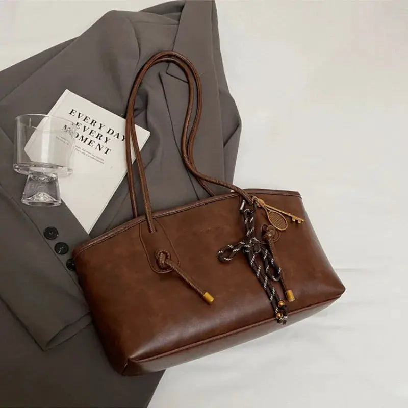 Brown PU leather shoulder bag for women with double top handles and a tassel drawstring accessory