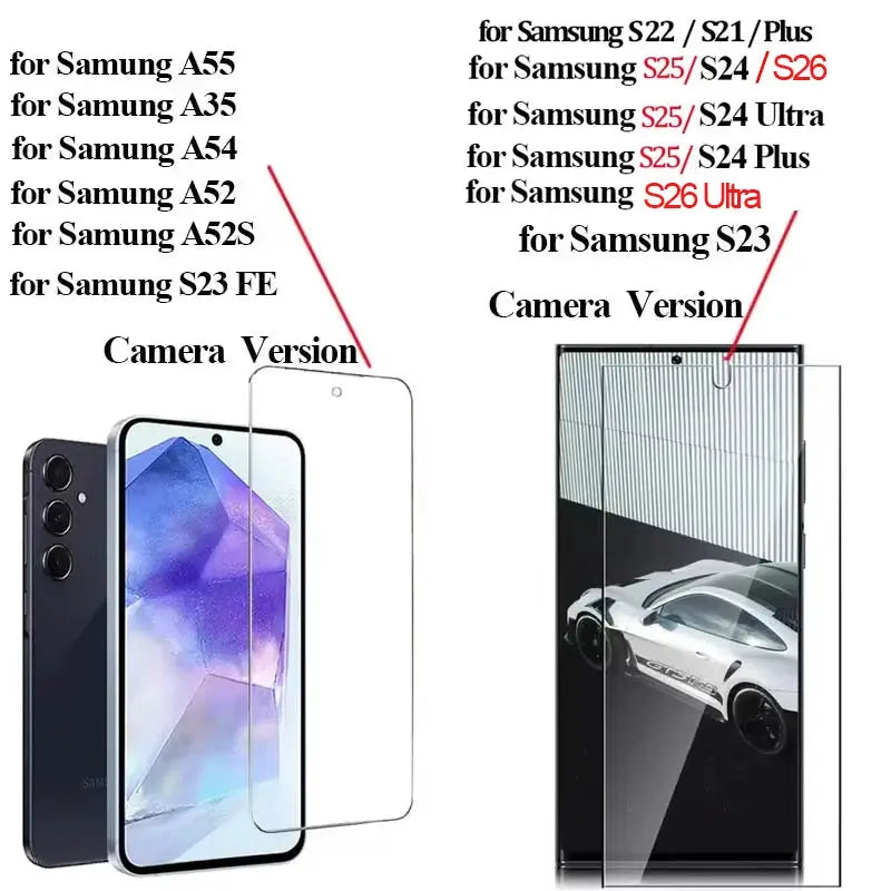 Simples Market HD tempered glass screen protector for Samsung S23/S24/S25/S26 and A55/A35/A54, camera version (2 variants shown)