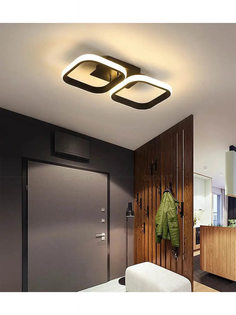 LED ceiling light, modern double-square ring fixture with black frame and warm white illumination