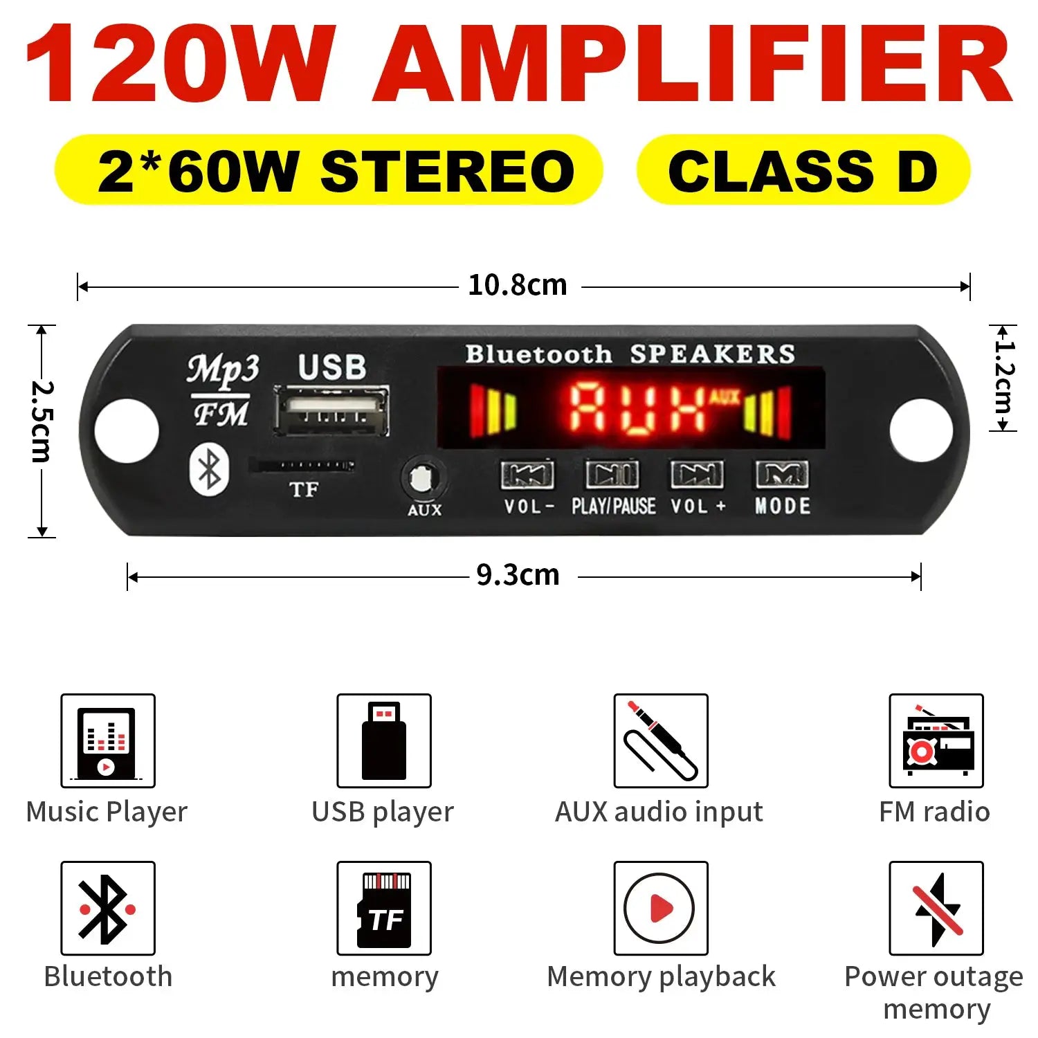 60W 50W Bluetooth 5.0 Amplifier MP3 WAV Decoder Board DC 12V for DIY Car Audio USB FM TF Card Mic