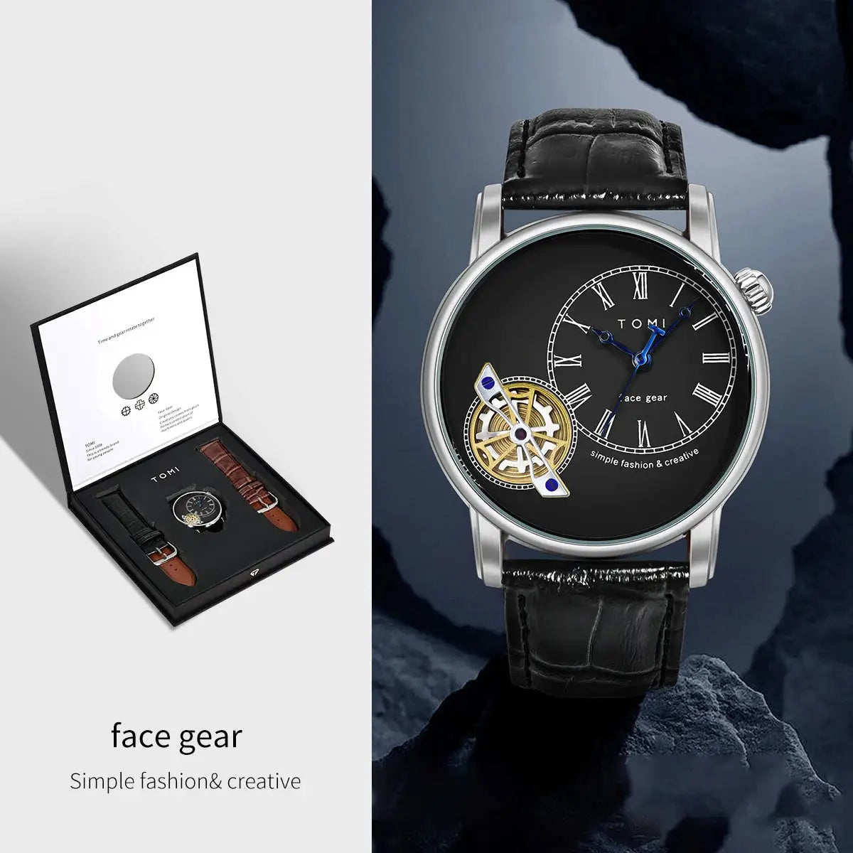 TOMI men's quartz watch gift set with double leather straps black and brown and black dial with Roman numerals.