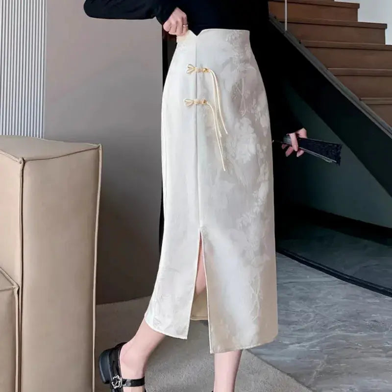 Chinese style women's ivory floral high-waist midi skirt by Simples Market with side slit and bow-tie cords