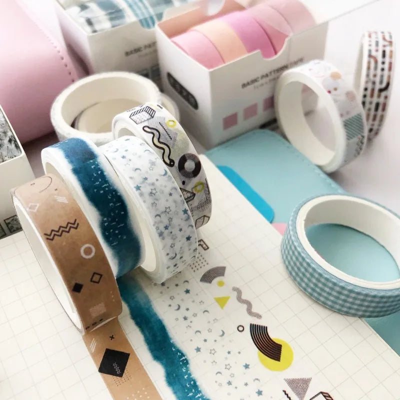 5-pack Washi tape set by Simples Market for crafts; assorted brown, teal, starry white, and blue check patterns.