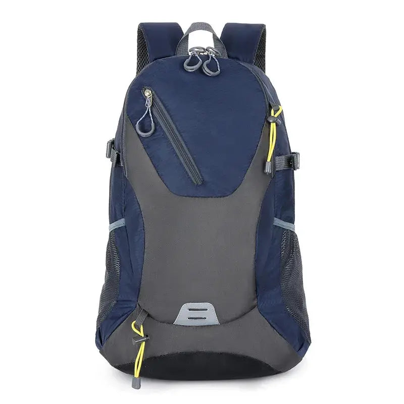 Backpack 40L outdoor waterproof travel bag with blue and gray patchwork and yellow zipper pulls