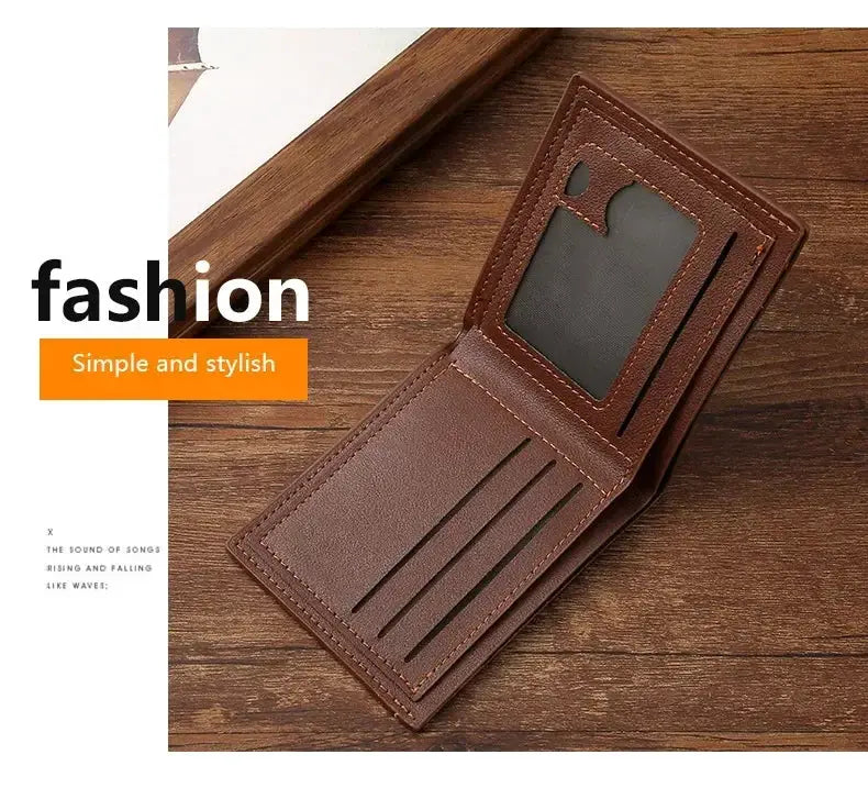 Men's brown leather short wallet, slim foldable design with card slots and an ID window.