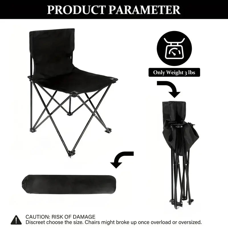 Portable folding camping chair by Simples Market with black Oxford cloth seat and side pocket.