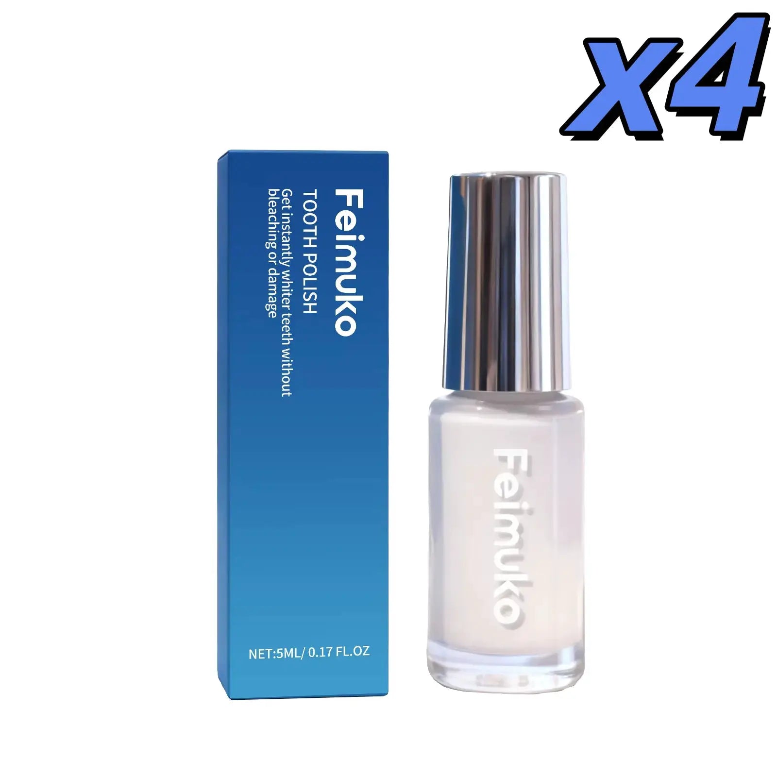 Tooth polish paint by Simples Market, 5ml bottle with silver cap beside blue box; X4 pack