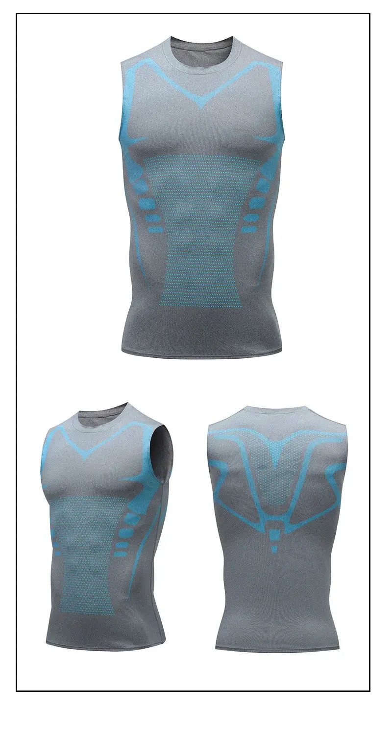 Men's compression tank top, gray sleeveless gym shirt with blue printed pattern, quick-dry fabric