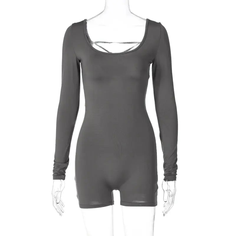 Hugcitar gray long-sleeve backless lace-up playsuit, body-hugging women's romper