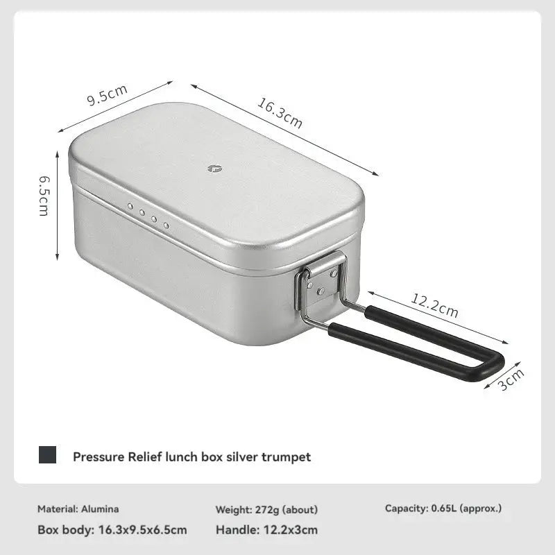 CAMPINGMOON aluminum lunch box with black handle; compact silver outdoor food container