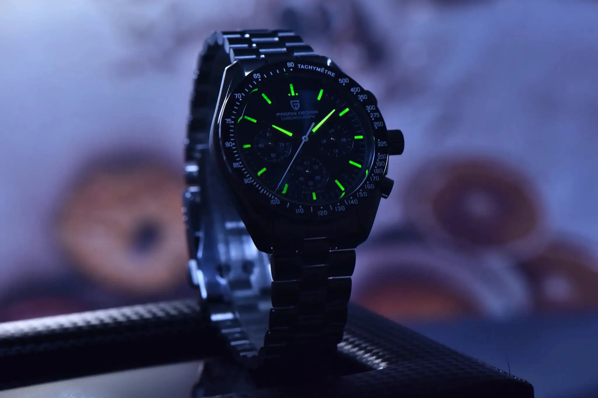 PAGANI DESIGN men's chronograph watch with black dial, green lume markers, stainless steel bracelet