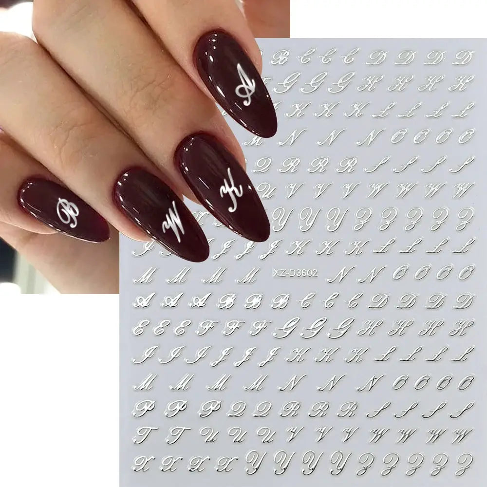 3D Roman letter nail stickers, 1pc, metallic gold/silver/black, self-adhesive alphabet decals by Simples Market