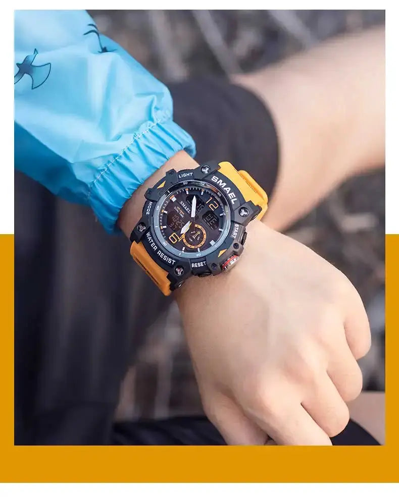 SMAEL sport military wristwatch for men with orange strap, black bezel, digital backlight