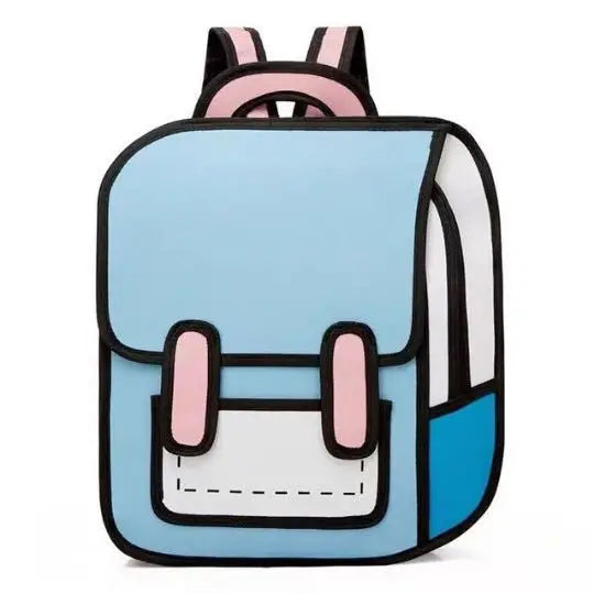 Backpack for children: 3D-style school bag, light blue with pink straps and front pocket.