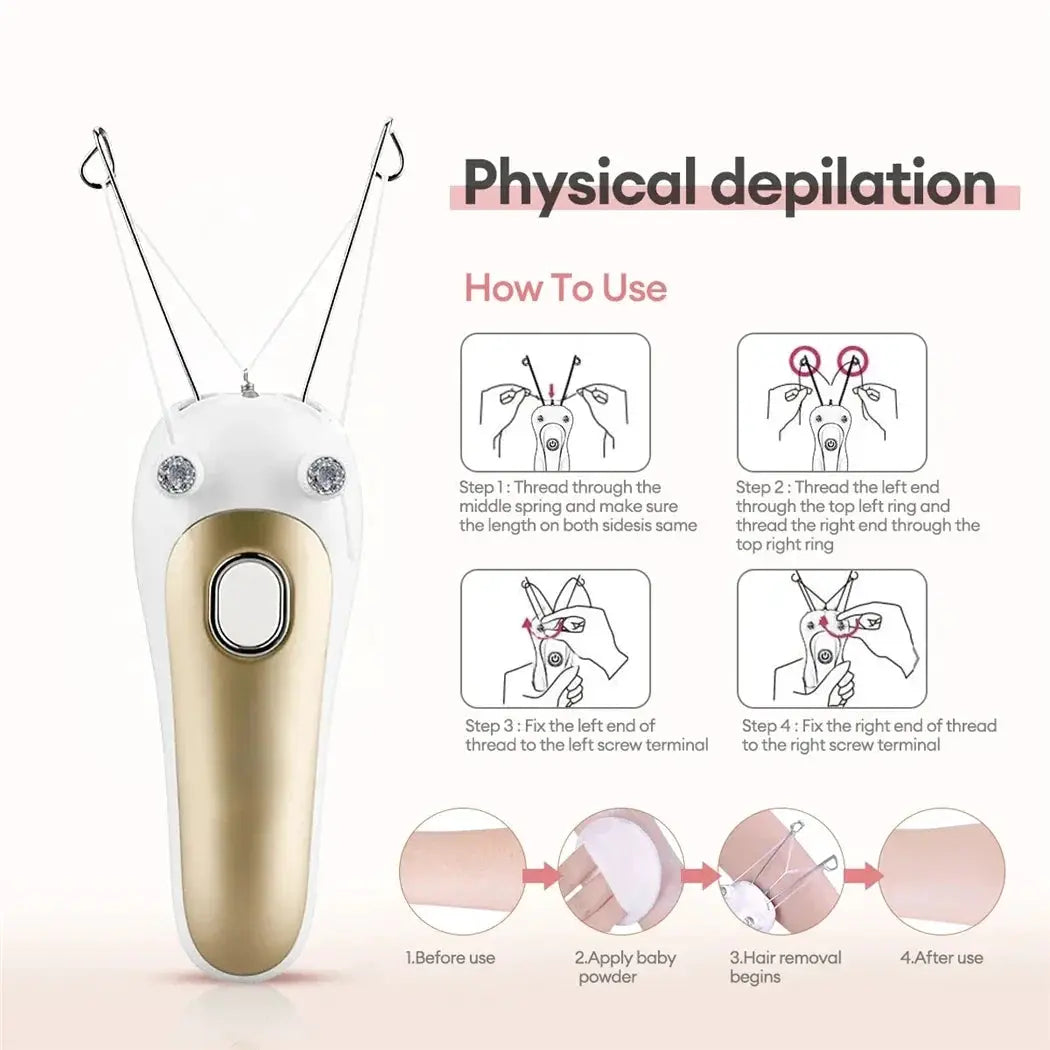 Simples Market electric threading epilator in white and gold, portable facial/body hair remover with usage diagrams.