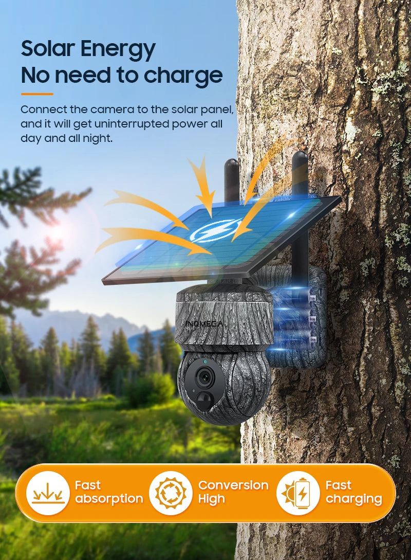 INQMEGA solar wireless PTZ CCTV camera with solar panel and battery pack, 5MP/4MP, 4G SIM, two-way audio
