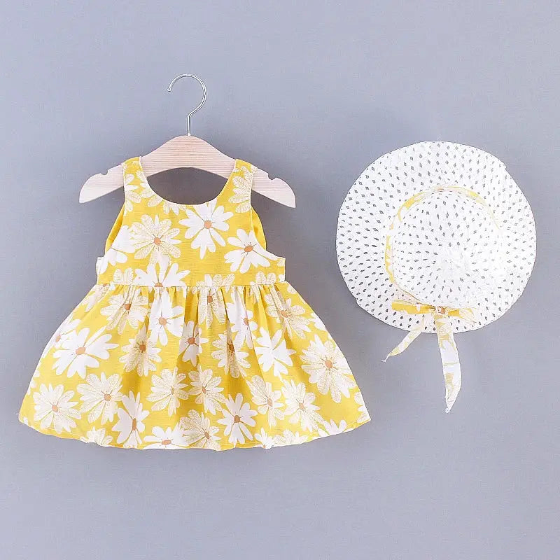 Baby Girl Summer Dress With Bow And Daisy Print Suspender Beach Outfit Hat Included Cute Casual Clothes