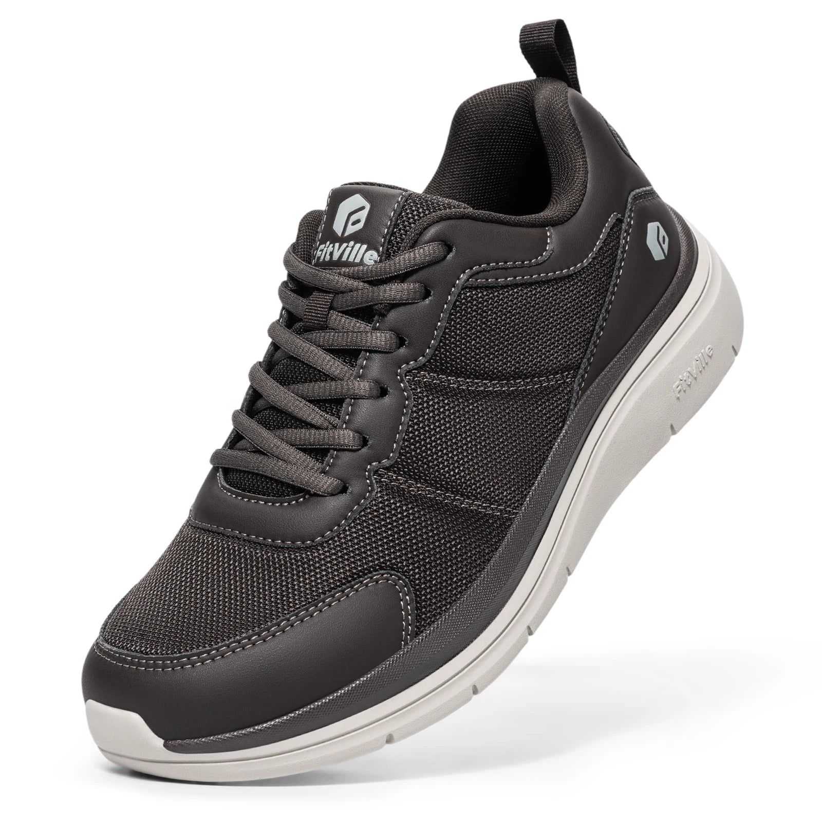 FitVille men's walking shoe with black mesh upper and cushioned light-gray sole