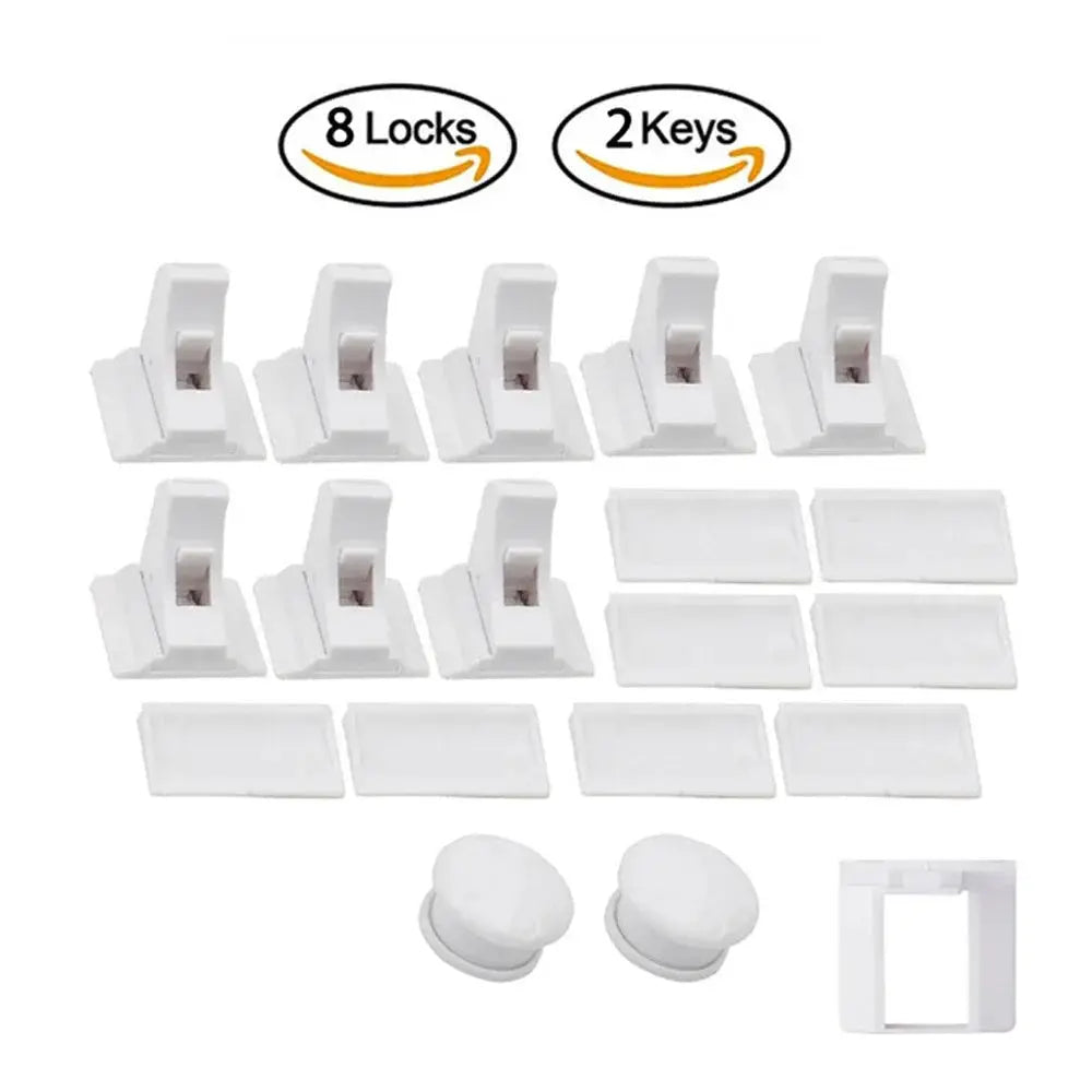 White baby safety magnetic cabinet/drawer lock set with 8 locks and 2 keys, plus mounting plates.