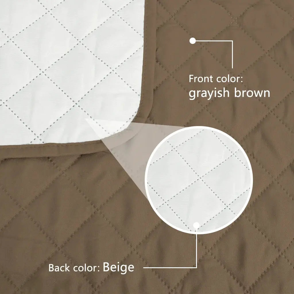 Sofa slipcover, waterproof quilted two-tone in grayish brown front and beige back with elastic strap; fits 1–4 seater.