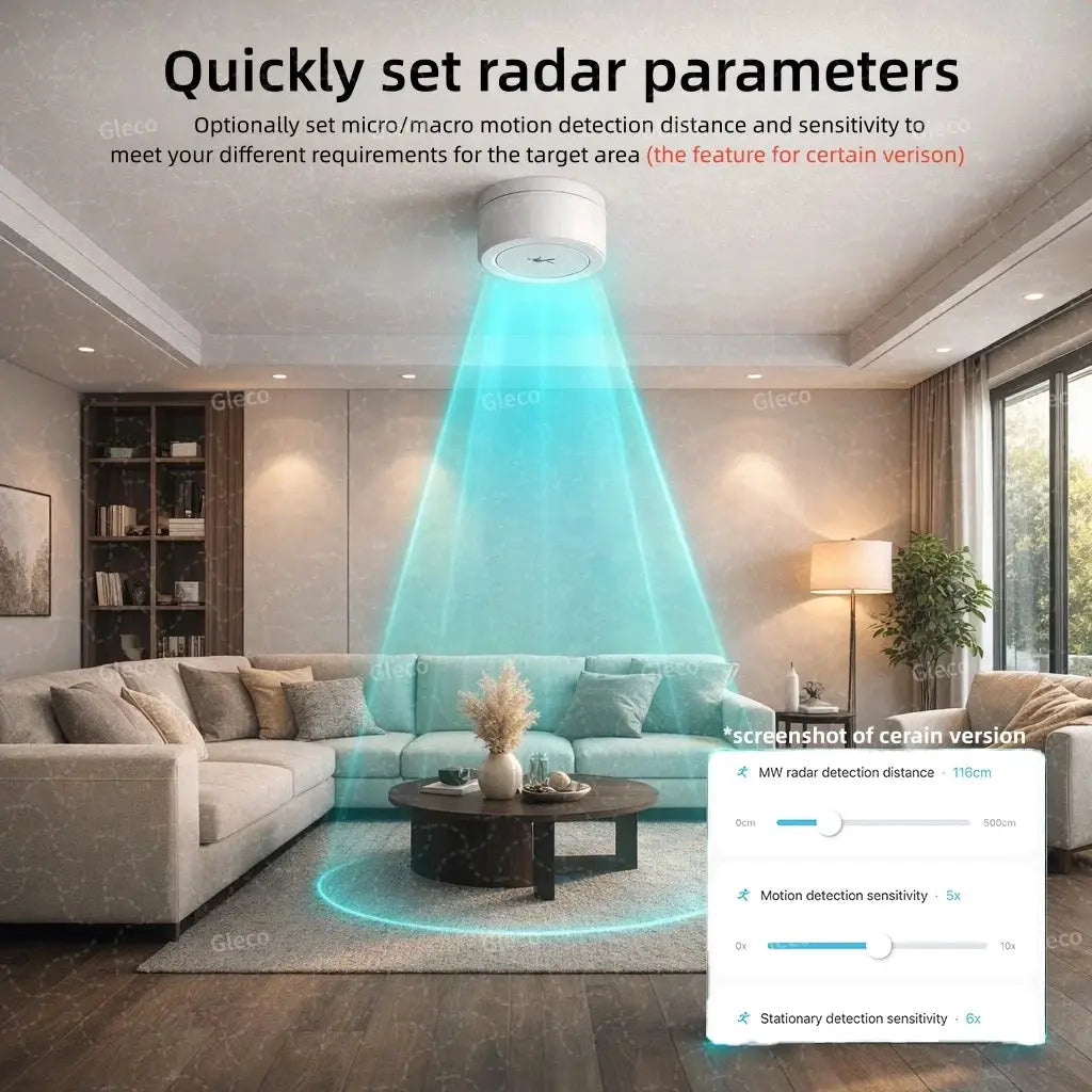 Ceiling-mounted white Zigbee radar presence sensor with blue detection beam over living room sofa